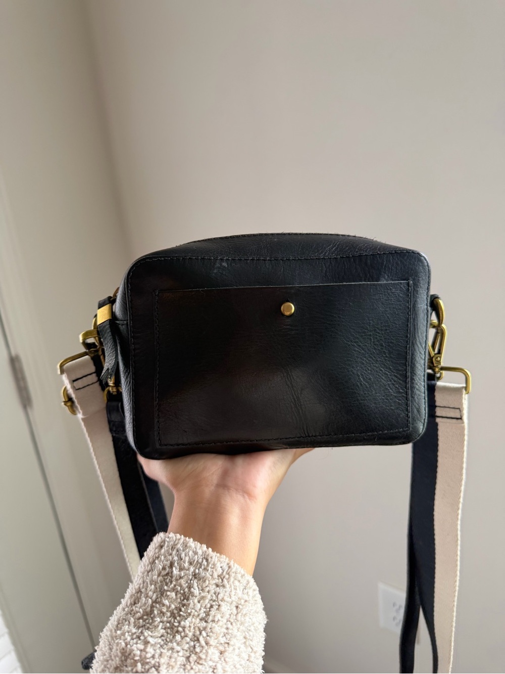 Madewell Navy Leather Crossbody with Cream & Black Strap